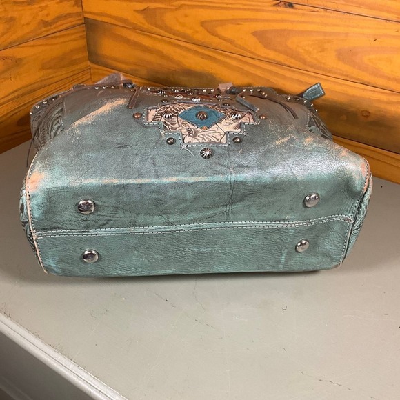 American West Navajo Soul Zip-Top Tote Bag Green Leather Tooled Studded Aztec - Picture 5 of 9